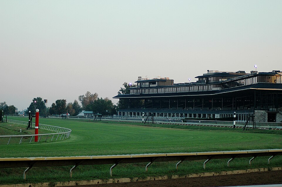 Keeneland Race Course limestone grandstand in Lexington Kentucky showing the historic thoroughbred racing venue on the western edge of Fayette County